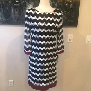 Sandra Darren Black and White Sheath Stretch Dress Lace w/Burgundy Trim-10